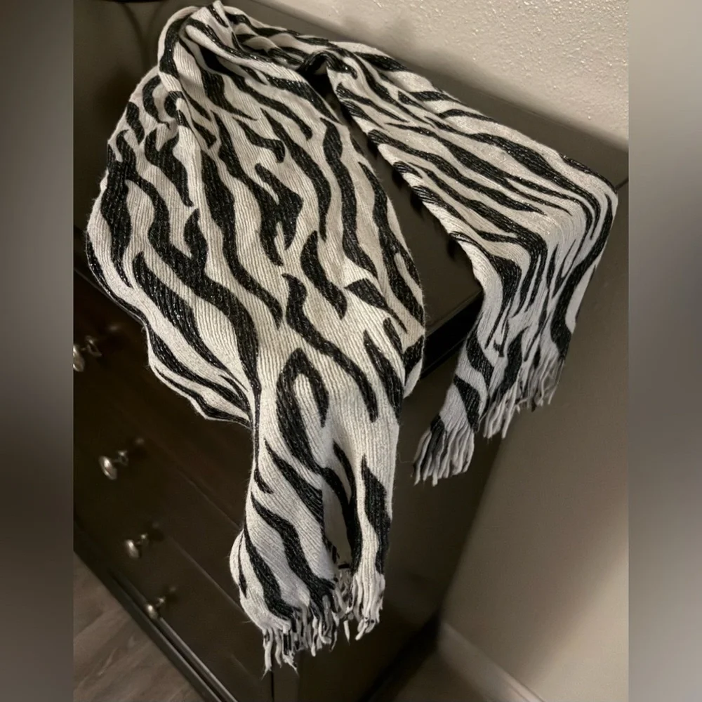 Zebra Print Tassel Scarf Black White | Sparkle Wrap Fringe Chic Long Scarf